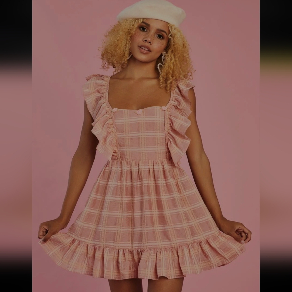 NWT Dolls Kill Sugar Thrillz Pink Plaid Apron Ruffle Mini Dress